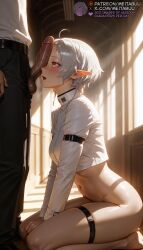 1boy 1girls ahoge ai_generated arm_belt arm_strap balls barefoot belt black_belt black_pants blush bottomless breasts cropped_jacket dark_skin elf erection female from_side indoors jacket long_sleeves looking_at_penis male medium_breasts meitabuu mushoku_tensei navel open_mouth orange_eyes pants penis penis_awe penis_on_face pointy_ears seiza shirt short_hair sitting solo_focus stomach straight sunlight sylphiette_(mushoku_tensei) testicles thigh_strap uncensored veiny_penis white_hair white_jacket white_shirt