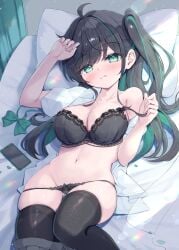 arms_up black_hair black_lingerie black_thighhighs blush breasts cellphone colored_inner_hair female from_above green_eyes green_hair large_breasts licking_lips long_hair lying_on_back lying_on_bed mikaze_oto multicolored_hair neoteny original original_character panties_aside ponytail ready_for_sex skirt_down skirt_pull sunlight sunlight_rays thighhighs