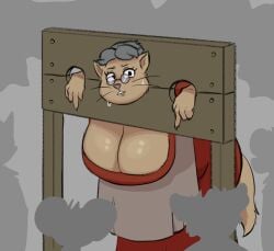 2025 4_fingers ambiguous_gender anthro apron arm_tuft aunt_polly big_breasts big_ears biped black_eyebrows black_eyes black_whiskers blush bodily_fluids breasts cheek_tuft claws cleavage cleavage_overflow clothed clothed_anthro clothed_female clothing dark_hair dark_nose digital_drawing_(artwork) digital_media_(artwork) domestic_cat dress elderly elderly_anthro elderly_female eyebrows eyelashes eyewear facial_tuft felid feline felis female finger_claws fingers fluffy fluffy_tail fur fur_tuft glasses glistening glistening_bodily_fluids glistening_breasts glistening_eyewear glistening_glasses glistening_sweat grey_apron grey_clothing grey_hair group hair head_tuft huge_breasts humanoid_hands imminent_sex iris leaning leaning_forward light_body light_fur long_eyelashes looking_at_viewer mammal mature_anthro mature_female monotone_body monotone_breasts monotone_fur monotone_hair monotone_tail mouse murid murine nervous nervous_sweat no_pupils pince-nez pink_blush pink_nose pointy_ears prick_ears public_use red_clothing red_dress restraints rodent shadow short_hair shoulder_tuft silhouette skimpy skimpy_dress standing stocks stupidgnoll surrounded sweat sweatdrop tail tan_body tan_breasts tan_claws tan_ears tan_fur tan_inner_ear tan_tail three-quarter_view tom_sawyer_(2000_film) tuft wearing_glasses whiskers