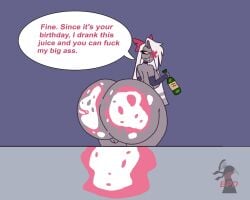 amazon_prime angel arm_sleeve arm_sleeves ass ass_focus big_ass big_booty big_booty_juice big_breasts big_butt birthday birthday_cake birthday_gift blind_peacock_draws_(artist) bottle bottle_in_hand bow bowtie cake cake_frosting choke_collar close_up close_up_panel collar commentary_request contest_entry eye_patch eyepatch frosting hazbin_hotel long_hair nrjnsfw pink_eyes pussy pussy_focus sitting sitting_on_cake sitting_on_desk text text_bubble vaggie vaggie_(hazbin_hotel) white_hair zoom_in