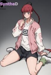 1boy 1futa ai_generated artist_name artist_signature black_shorts braid braided_ponytail bulge cum erection erection_under_clothes futa_sans_pussy futanari gradient_background hair_bun hi_res high_resolution highres intersex long_hair lu_shaotang male male_focus patreon penis pink_jacket precum red_eyes red_hair sakamoto_days shirt shoes shorts sidelocks sitting solo sweatdrop synthed uncensored