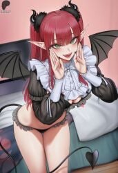 1girls ai_generated bangs bare_legs bat_wings bent_over cleavage demon_tail demon_wings elf_ears fangs female green_eyes highres horns indoors kitagawa_marin legs legs_together light-skinned_female long_ears long_hair long_nails long_sleeves looking_at_viewer maid maid_outfit midriff my_dress_up_darling open_mouth panties pointy_ears primosensei red_hair red_hair_female rizu-kyun_(cosplay) sidelocks solo solo_female sono_bisque_doll_wa_koi_wo_suru succubus succubus_costume succubus_horns succubus_tail succubus_wings thighs vampire_teeth whispering wings