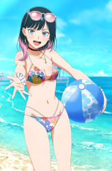 1girls akane_osaki string_bikini standing long_hair black_hair sunglasses sunglasses_on_head medium_breasts cleavage looking_at_viewer purple_eyes blushing smiling collarbone bare_legs bare_shoulders beach_ball beach necklace scrunchie