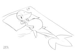 alarmed bed bodily_fluids cum cum_inside feral furniture generation_5_pokemon genital_fluids inflation inflation longlevy lying male nintendo on_back pokemon pokemon_(species) pregnant pregnant_male snivy solo sweat waking_up