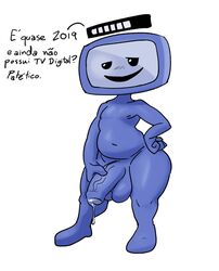 artbyyellowdog balls big_balls big_penis blue_skin digital_(seja_digital) humanoid_penis male male_focus male_only mascot no_humans penis portuguese_text precum seja_digital solo television text