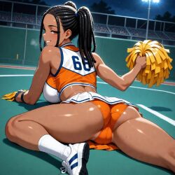 1girls ai_generated cheerleader cheerleader_uniform imane looking_over_shoulder stretching teasing_viewer
