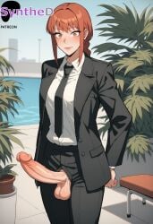 1futa ai_generated artist_name artist_signature balls black_jacket black_pants blush braid braided_ponytail breasts chainsaw_man erection futa_sans_pussy futanari hi_res high_resolution highres intersex long_hair looking_at_viewer makima_(chainsaw_man) orange_eyes outdoors pants patreon penis red_hair shirt smile solo standing suit synthed testicles uncensored veins