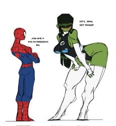 1boy 1boy1girl 1girls alternate_costume avengers blush breasts duo elbow_gloves embarrassed fantastic_four fingerless_gloves full_body green-skinned_female green_hair green_skin hair_over_eyes height_difference jennifer_walters large_breasts leaning_forward leotard looking_away marvel she-hulk shy sideboob spider-man spider-man_(series) standing straight_hair t1tans90 taller_girl thick_thighs thigh_boots white_boots white_footwear white_gloves white_thighhighs wide_hips