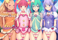 4girls amamiya_elena arms_behind_back bangs blonde_hair blue_sky blunt_bangs blush breasts censored choker closed_mouth clothed_masturbation clothing cloud covered_nipples cure_milky cure_selene cure_soleil cure_star daiaru dark_skin day dildo erect_nipples erect_nipples_under_clothes eyebrows_visible_through_hair flat_chest green_choker green_hair hagoromo_lala heart_tattoo hoshina_hikaru kaguya_madoka long_hair looking_at_viewer magical_girl masturbation medium_breasts mosaic_censoring multiple_girls object_insertion open_mouth panties pink_choker pink_eyes pink_hair precure pretty_cure pubic_tattoo purple_choker purple_hair pussy_juice short_hair sky small_breasts smile star_twinkle_precure tattoo twintails vaginal_object_insertion vaginal_penetration vibrator_under_panties