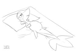 bed bodily_fluids cum cum_inside furniture generation_5_pokemon genital_fluids inflation inflation longlevy lying male nintendo on_back pokemon pokemon_(species) satisfied snivy solo story story_at_source story_in_description
