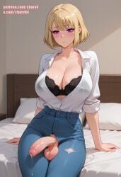 1futa ai_generated bedroom big_breasts big_penis black_bra blonde_hair blue_jeans breasts cha_hae_in charv cleavage futa_only futanari intersex jeans penis shirt short_hair solo_leveling