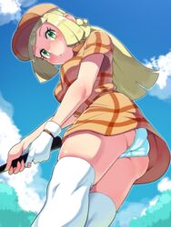 1girls alternate_outfit ass blonde_hair blue_panties blush boris_(noborhys) breasts clothed day female female_only glove golf golf_outfit green_eyes hat holding human lillie_(pokemon) long_hair looking_at_viewer looking_down nintendo outdoors panties pokemon pokemon_(anime) pokemon_sm skirt sky solo sweat thick_thighs thighhighs thighs upskirt white_panties white_underwear wide_hips