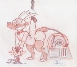 1boy anal anal_sex anthro ass bent_over big_butt bondage bound chained chains clothing collar dildo dildo_in_ass dildo_insertion fucking_machine gordian hi_res latex latex_clothing latex_legwear latex_stockings legwear machine macropod male male_only mammal marsupial mostly_nude muzzle_(object) muzzled nickelodeon object_in_ass penetration raised_tail restraints rocko's_modern_life rocko_rama rope rope_bondage sex_machine sex_toy sex_toy_in_ass sex_toy_insertion solo stockings tail traditional_media_(artwork) wallaby