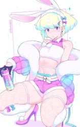 1boy androgynous bunny_ears crossdressing femboy fishnets heels lio_fotia male minishorts oyasaiiis promare sissy solo thick_thighs twink