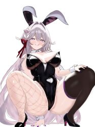 anime_style aquamarine725 bunny_ears bunny_girl cleavage confident_expression crouching erotic fanart female fishnets full_body high_heels honkai_(series) honkai_impact_3rd leotard lingerie long_hair looking_at_viewer nsfw pose shiny_clothes solo suggestive thelema_nutriscu thighhighs white_background white_hair
