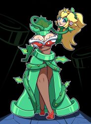 1girls after_transformation blonde_hair blue_eyes chabble crown dress earrings female gloves leaves long_neck mario_(series) piranha_plant piranha_plant_girl plant plant_girl plant_transformation post-transformation pot princess_peach sharp_teeth super_mario_bros. thorns transformation warp_pipe