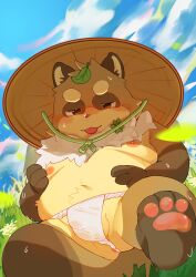 2025 absurd_res anthro asian_clothing balls belly blush brown_body bulge canid canine clothing east_asian_clothing fundoshi genitals hat headgear headwear hi_res japanese_clothing kemono leaf male mammal moobs navel nipples outside overweight overweight_male raccoon_dog solo tanuki tongmung24 tongue tongue_out underwear white_clothing white_fundoshi white_underwear