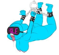 2017 4_fingers ankle_bands anthro armband ass big_butt blindfold blue_body blue_fur bodily_fluids bondage bound breasts cartoon_network chains digital_media_(artwork) domestic_cat drooling english_text eyemask eyewear fangs feet felid feline felis female female_only fingers fur garbledina hands_behind_back hanging_breasts mammal mask mature_anthro mature_female nicole_watterson nipples nude open_mouth questionable_consent saliva simple_background sleep_mask solo submissive submissive_female suspension teeth text the_amazing_world_of_gumball toes tongue tongue_out white_background