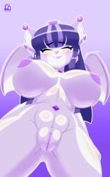 absurd_res anthro bat big_breasts breasts cranebear female genitals hair hi_res mammal nipples nude_anthro pinup pose purple_hair purple_nipples purple_vulva robot_anthro solo tricia_ren_sounhoff vulva white_body white_skin wings
