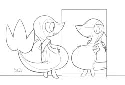 bodily_fluids feral generation_5_pokemon hand_on_belly longlevy male mirror nervous nervous_sweat nintendo pokemon pokemon_(species) pregnant pregnant_male snivy solo sweat