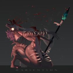 absentsun anglerfish anthro ass blood bodily_fluids bottomless breasts clothed clothing digital_media_(artwork) feet female fin fish glowing glowing_body glowing_eyes gore hair hi_res holding_object holding_weapon looking_at_viewer marine melee_weapon muscular muscular_female nipples noctara nude open_mouth pole_between_legs polearm sharp_teeth simple_background solo spear spikes spikes_(anatomy) tail teeth teeth_showing thick_tail thick_thighs tongue tongue_out topwear topwear_only underwear weapon