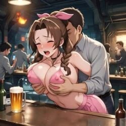 aerith_gainsborough ai_animation ai_generated animated arms_held_back bar big_breasts bikini_top braid braided_hair breast_grab breast_hold breast_squeeze breasts_out brown_hair drink erect_nipples erect_nipples_under_clothes final_fantasy final_fantasy_vii final_fantasy_vii_remake green_eyes hairbow implied_penetration implied_rape large_breasts long_hair midriff nipples people_in_background public public_rape public_sex rape skirt sound speaking stomach stranger tagme unknown_male video