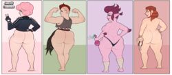 2019 ass big_ass big_hair bottomless commission dwarf dwarf_female freckles green_eyes huge_ass jamesab leather_jacket metal_studs pink_hair potion ripped_clothing scar studs thong top_less wide_hips wraps