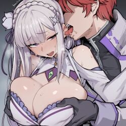 1boy 1girls ai_generated blush breast_grab embarrassed emilia_(re:zero) flower_in_hair gigantic_breasts huge_breasts licking_ear light-skinned_female light-skinned_male light_skin long_hair magma_(artist) massive_breasts purple_eyes re:zero_kara_hajimeru_isekai_seikatsu red_hair reinhard_van_astrea saliva squatting sweat sweatdrop thick_body thick_female tongue_out voluptuous voluptuous_female white_hair