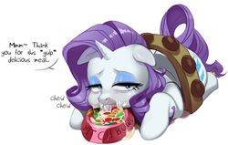 blue_eyes bowl crying crying_with_eyes_open cum cum_on_food dialogue eating equine food food_bowl food_play forced friendship_is_magic horn looking_at_viewer mammal my_little_pony polyle rarity_(mlp) ruining_food simple_background straight_hair tears tongue tongue_out unicorn white_background