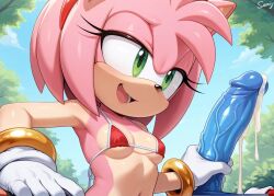 ai-generated ai_generated amy_rose armpits bikini_tio bracelet dildo gloves green_eyes hairband handjob kradiaart medium_hair outdoors petite pink_fur pink_hair red_biniki sega small_breasts smile sonic_the_hedgehog_(series)