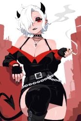 archapxl demon demon_girl demon_horns demon_tail goth_clothing goth_makeup helltaker pixel_art red_eyes tagme white_hair zdrada_(helltaker)