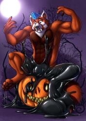 2021 absurd_res ailurid anthro athletic athletic_anthro athletic_male big_fangs blue_eyes blue_hair brown_body brown_claws brown_fur brown_pawpads bulge claws dated detailed_bulge fangs finger_claws food front_view fruit fur genital_outline glistening glistening_eyes hair hi_res hufnaar latex latex_transformation liquid_latex male male_anthro mammal markings moon nude open_mouth orange_body orange_fur pawpads pecs penis_outline plant pumpkin red_panda short_hair sitting solo striped_markings striped_tail stripes tail tail_markings teeth toe_claws transformation