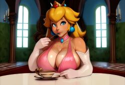 ai_generated big_breasts blonde_hair breasts castle cleavage crown earrings ezkiel_trove female first_person_view huge_breasts nintendo pink_dress plump_lips princess_peach spoon super_mario_bros. table tasting tea_cup