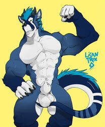 abs animal_genitalia balls blue_fur dragon flexing fully_sheathed fur furred_dragon hand_on_hip horn licantrox male male_only muscular muscular_male nude sheath simple_background solo watermark white_balls white_fur yellow_background