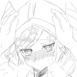 black_hair blush fellatio female greyscale hands_on_another's_face hands_on_another's_head horns mahou_shoujo_ikusei_keikaku mahou_shoujo_ikusei_keikaku_limited monochrome oral pov pov_eye_contact pythie_frederica sirodengaku solo star star_tattoo sweat tattoo