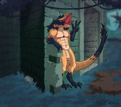 2025 3_toes 5_fingers abs absurd_res among_us anthro arm_support black_body black_scales bodily_fluids capcom claws digitigrade dragon feet fingers flaccid flying_wyvern foreskin forest fusion genital_fluids genitals grass hi_res hidden innersloth jungle leaning leaning_on_elbow leaning_on_wall male monster_hunter muscular muscular_male mythological_creature mythological_scalie mythology nargacuga nipples orange_body orange_scales penis plant precum rock ruins scales scalie solo spines stone_wall talon_hands talons toes tree uncircumcised vinzin_(artist) wall_(structure)
