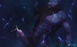 abs bara beard blue_background blue_eyes body_hair cum cumshot ejaculation erect_penis erection gay hands-free handsfree_ejaculation jhooga league_of_legends long_beard pecs penis purple_skin ryze tattoos uncircumcised uncut yaoi