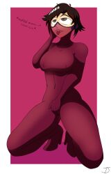bodysuit empty_eyes female_only femsub grey_eyes happy_trance high_heels hypnosis kneeling latex mask masturbation mind_control multicolored_hair open_mouth ruby_rose rwby short_hair smile solo text the_us_doctor tongue tongue_out