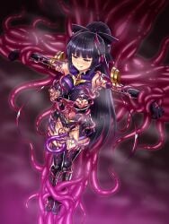 absurdres black_hair blue_trim blush bodysuit breasts clothing_cutout corruption crucifixion dark_persona elbow_gloves element_venus female full_body gloves heart_cutout highres kisaragi_nozomi large_breasts large_variant_set latex living_clothes long_hair multicolored_gloves nipples outstretched_arms ponytail purple_eyes restrained shinsou_seiki_elementia sirano solo spread_arms tattoo tentacle tentacle_sex thighhighs tongue tongue_out torn_clothes vaginal_penetration variant_set