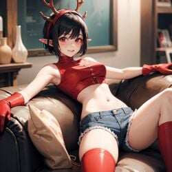 ai_generated antlers beach black_hair elf_ears eye_contact female gloves pixie_cut red red_eyes red_gloves seductive_expression short_hair smirk smug_expression stripper teasing usebackdooronly