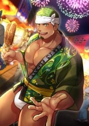 1boy abs bara beard_stubble beefy big_bulge big_pecs black_hair blurry_background blush bulge bulge_through_clothing collarbone dark_skin dutch_angle eyelashes festival fireworks flaccid fundoshi gay goatee gozu_farm green_eyelashes green_eyes green_hair hachimaki happi_(clothing) headband hi_res holding_food holding_object hot_dog huge_pecs hunk ikusaba_daisuke inviting japanese_clothes laugh legs_apart looking_at_viewer male male_only manly mature_male multicolored_hair muscles muscular muscular_legs muscular_male muscular_thighs night oppai outdoors pecs print_clothing quadriceps rokushaku_fundoshi short_hair six_pack solo standing taurus_mask thick_thighs tokyo_afterschool_summoners tough_guy two_tone_hair vendor_stand welcoming white_fundoshi yaoi