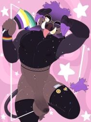 3:4 absurd_res accessory anthro ball_tuft balls beard beastto_(retrobeastto) big_balls big_penis black_body black_fur blep bottomless bottomless_anthro bottomless_male brown_body brown_fur cheek_tuft clothed clothing confetti crop_top curly_hair digital_media_(artwork) dreadlocks ear_piercing ear_ring ear_scar eyewear facial_hair facial_tuft femboy fingers fishnet_clothing fishnet_topwear flaccid flag flag_(object) floppy_ears foreskin fur genitals glasses hair hair_accessory hand_behind_head hi_res holding_flag holding_object humanoid_genitalia humanoid_penis intersex_pride_colors jewelry legwear lgbt_pride lgbt_pride_month looking_at_viewer lying male mammal mane markings mostly_nude multicolored_body multicolored_hair navel navel_piercing nipple_outline nipples nonbinary_(lore) nonbinary_pride_colors nude on_back one_eye_closed penis piercing pride_color_accessory pride_color_flag pride_colors purple_hair raised_arm retrobeastto ring_piercing scar shaded sharp_teeth shirt simple_background simple_shading slim small_waist smile snout solo star sticker stickers_on_body stockings suid suine sus_(pig) tail teeth thigh_highs tight_clothing tongue tongue_out topwear transgender_pride_colors tuft tusks two_tone_body two_tone_hair two_tone_tail vein veiny_penis vincian_pride_colors wild_boar wink winking_at_viewer yellow_eyes