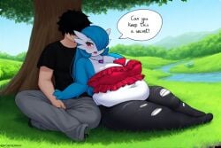 1boy 1boy1girl 1girls ai_generated anthro bbw belly_button belly_fat black_hair black_pants black_shirt blue_hair blush breasts crop_top day denim denim_jeans erect_nipples fat female gardevoir generation_3_pokemon grass grass_field grey_pants human humanoid jeans large_breasts male navel necklace pants pokemon river shiny_gardevoir shiny_pokemon sitting sitting_under_tree sleeping smile smiling tree wholesome