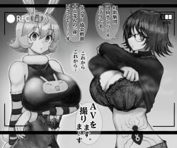 2girls artist_request big_breasts bra breasts bunny_girl female hunter_x_hunter looking_at_viewer monochrome piyon shizuku_murasaki taking_clothes_off tattoo wearing_glasses