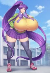 1girls ai_generated alternate_breast_size bangs big_breasts bow bowtie breasts building clothing cloud curvy day eiken eyebrows_visible_through_hair eyelashes female female_focus female_only full_body giantess gigantic_breasts hand_on_breast hand_on_hip highres huge_breasts human hyper hyper_breasts kirika_misono large_breasts legwear long_sleeves looking_at_viewer miniskirt outdoors pinup plant pleated_skirt ponytail purple_eyes purple_hair red5805 school school_uniform schoolgirl seductive shiny_skin shirt shoes sidelocks skindentation skirt smile solo solo_female stockings sweater thick_thighs thighhighs thighs tied_hair tree very_long_hair voluptuous