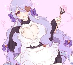 alternative_costume apron bow breasts camilla_(fire_emblem) cleavage cleavage_cutout female fire_emblem fire_emblem_fates hair_ornament hair_over_one_eye hairbow heart heart-shaped_pupils large_breasts long_hair long_sleeves open_mouth pink_background plushcharm purple_bow purple_eyes purple_hair simple_background solo symbol-shaped_pupils twitter_username whisk