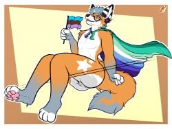absurd_res against_surface androsexual_pride_colors anthro anus ass ass_on_glass bangs canid canine cape clothing cuntboy ear_piercing eyewear flag fox fox_spirit galaxymaw genitals glass hi_res highlights_(coloring) intersex leaning leaning_backward legs_in_air lgbt_pride low-angle_view mammal on_glass piercing pride_colors pussy rayfaux solo star_eyes striped_ears sunglasses vincian_pride_colors vulva white_highlights