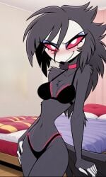 ai_generated anthro beak bedroom bird black_feathers black_hair black_lingerie cleavage feathers female furry hand_on_hip helluva_boss hips lingerie messy_hair octavia_(helluva_boss) owl owl_demon petite seductive seductive_look skimpy_clothes slim_waist underwear white_face