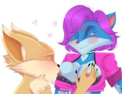 absurd_res anthro_only biting_lip blue_eyes blue_fur breasts canid canine clothing damian5320 female fennec fox fur hair heart highres male mammal nipples paladins pepper_(paladins) pip_(paladins) purple_hair straight sucking yellow_fur