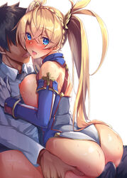 1boy 1girls ass back bangs bare_shoulders blonde_hair blue_eyes blush bradamante_(fate) braid breast_press breasts commentary_request crown_braid deep_skin eyebrows_visible_through_hair fate/grand_order fate_(series) female french_braid gloves hair_between_eyes heart heart-shaped_pupils highleg highleg_leotard large_breasts leotard long_hair looking_at_viewer open_mouth satou_(kuso-neet) simple_background straight symbol-shaped_pupils thick_thighs thighs twintails very_long_hair white_background wide_hips